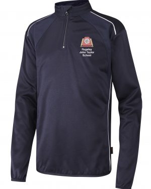 Rugeley John Taylor School 1/4 zip top in Navy/White.